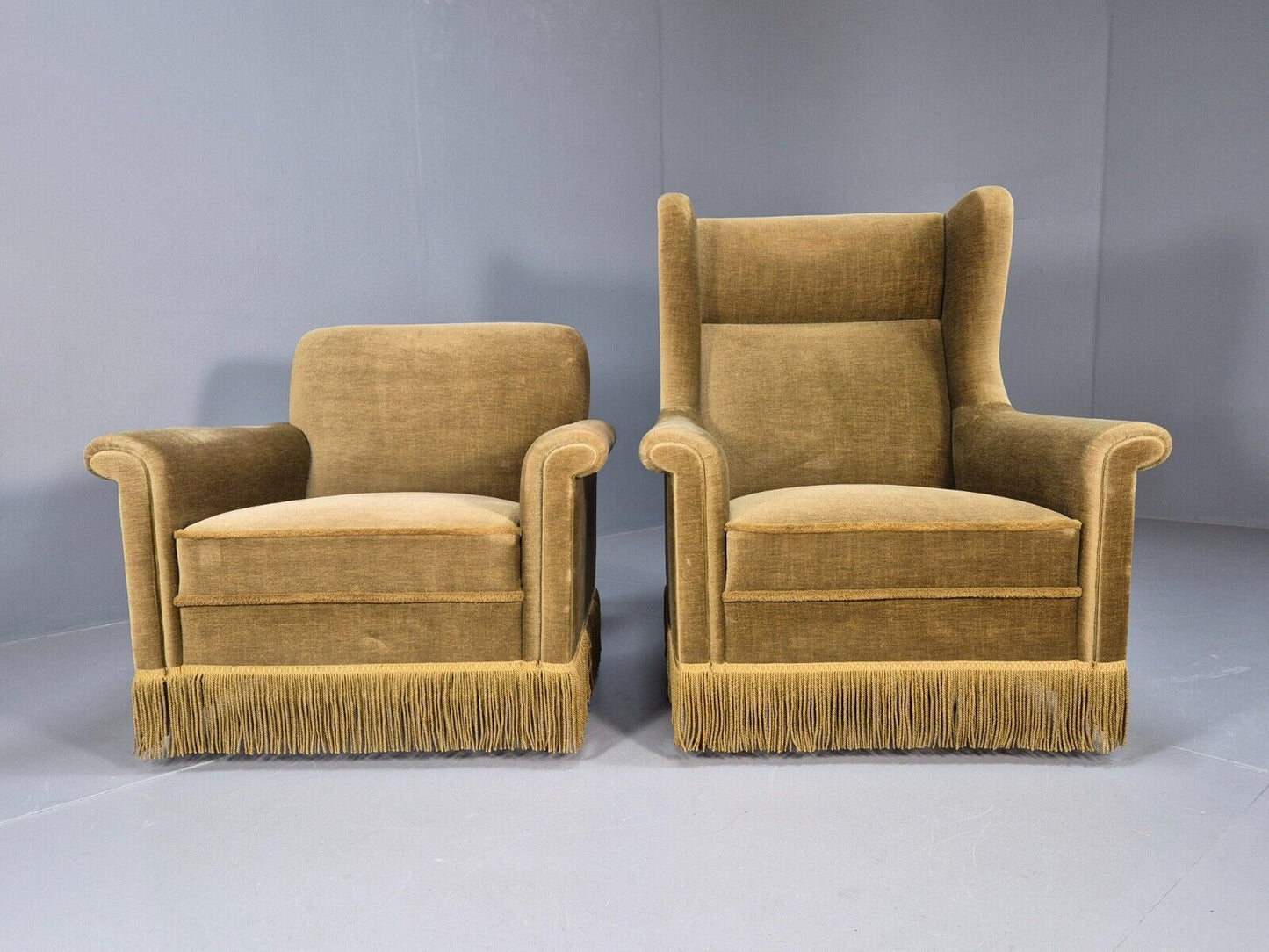 2 High and Low Back Danish Midcentury Chairs Green Velour Tassels EB8968 MNOR - UKDK FURNITURE