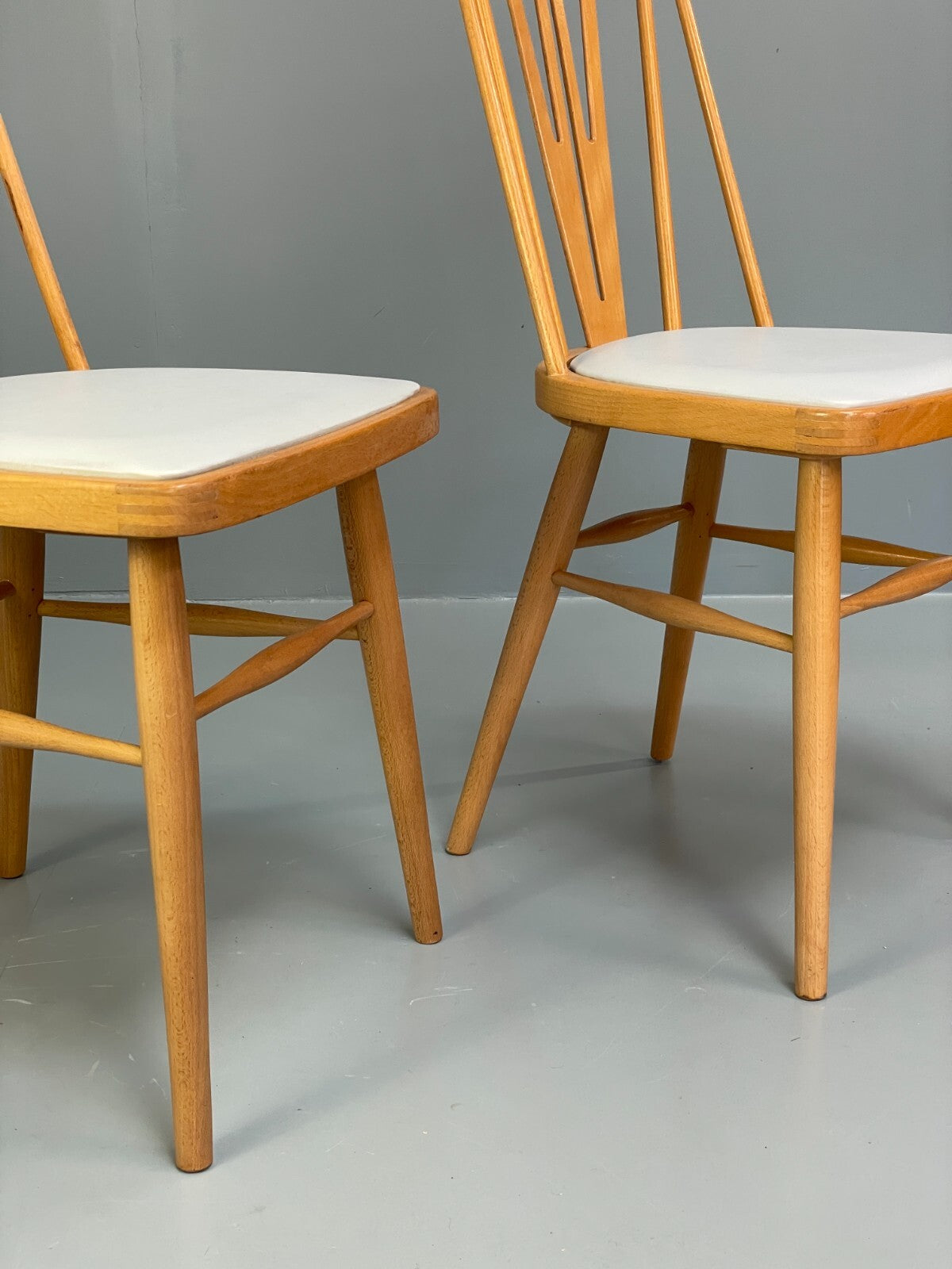 Mid Century Beech Dining Chairs Pair Off White Vinyl 1960s EB9779 MDIN - UKDK FURNITURE