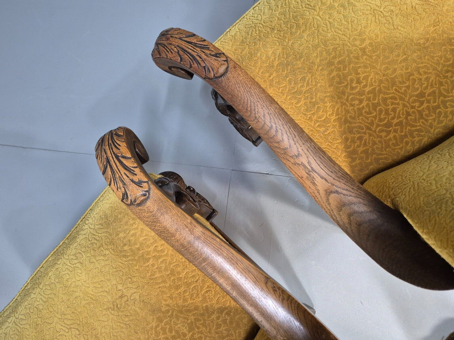 2 Vintage Baroque Armchgairs in Oak and Mustard Moquette 1940s EB9005 VCLO - UKDK FURNITURE