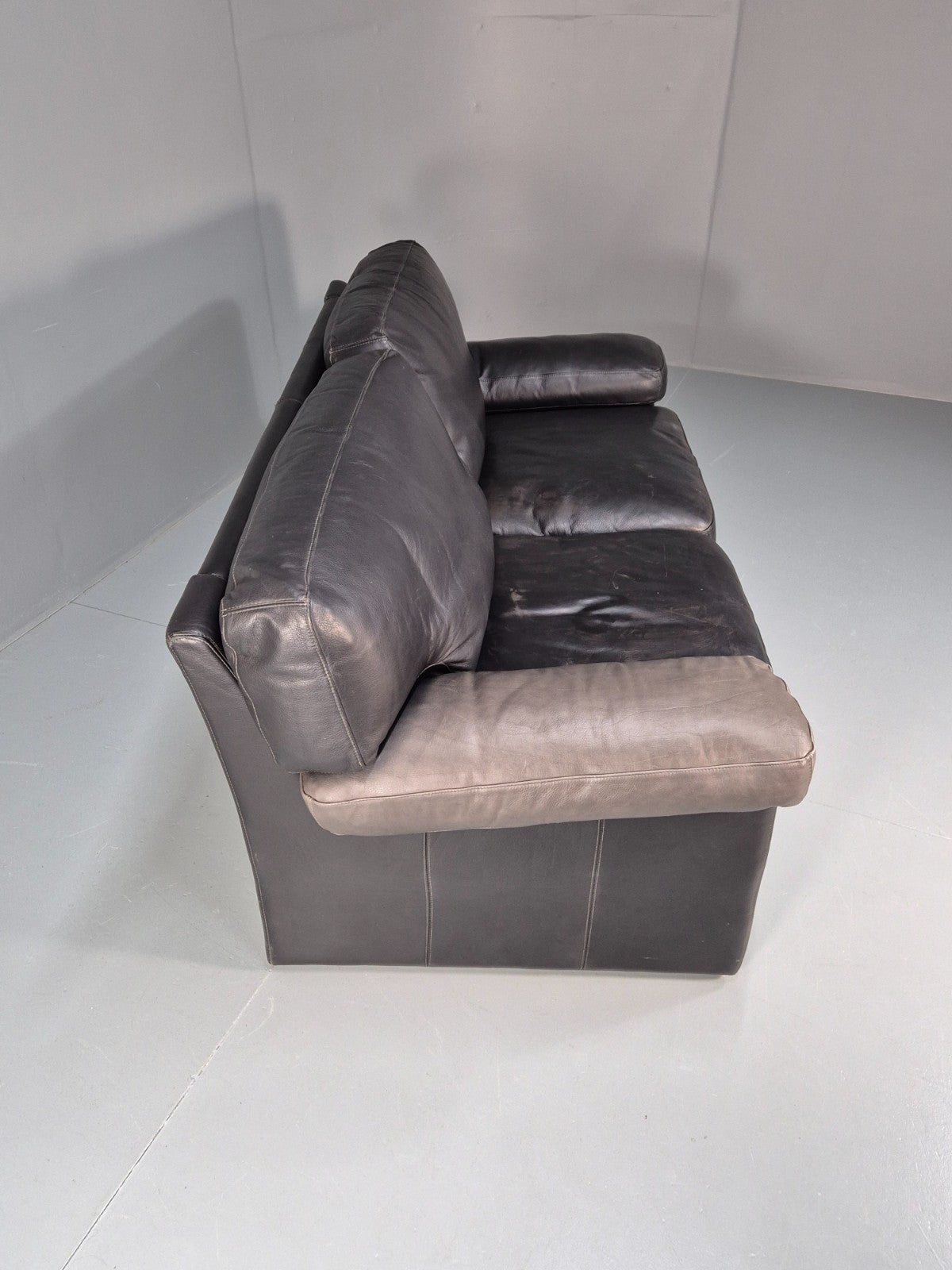 1980s Two Seater Sofa Faded Black Leather Boxy Style Retro Danish EB10714 M2SS12