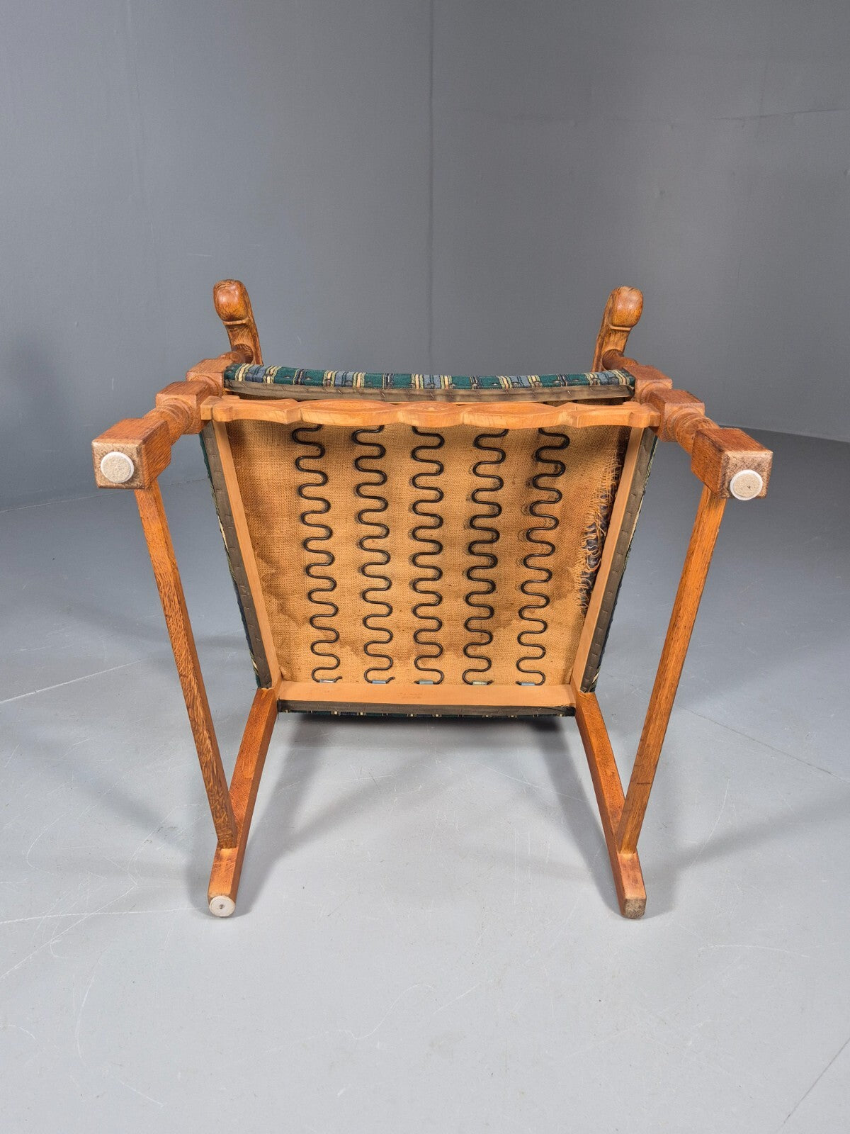 A Vintage Danish Baroque Style Armchair Green Wool Stripe Oak Frame EB9002 VCLO - UKDK FURNITURE