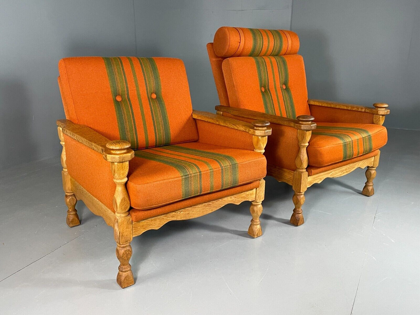 2 Vintage Danish Lounge Chairs Orange Green Oak Kjaernulf Retro MCM EB6716 MNOR - UKDK FURNITURE