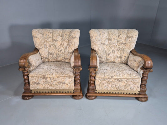 2 Vintage Danish Lounge Chair Floral Cotton Oak Detailing Antique Deco 1920 VCLO - UKDK FURNITURE