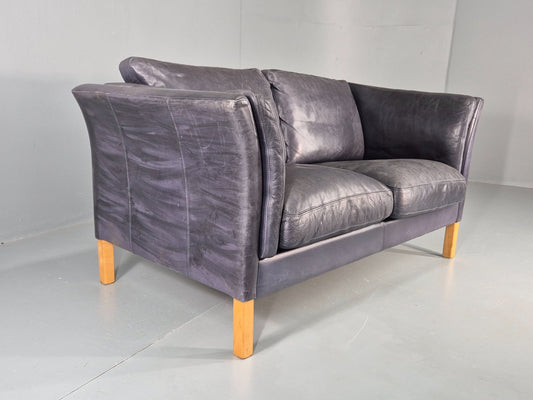Vintage 2 Seater Sofa Danish Blue Leather Mid Century 1980s Retro EB9069 M2SS1