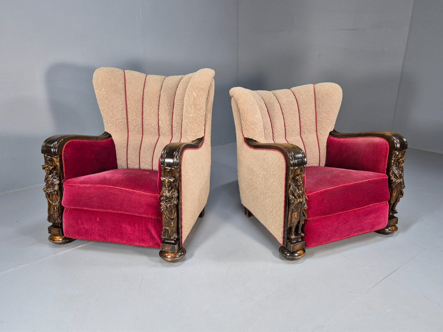 Art Deco Style Armchairs Pair Carved Oak Figures Creme Red Velour EB9586 VCAR - UKDK FURNITURE