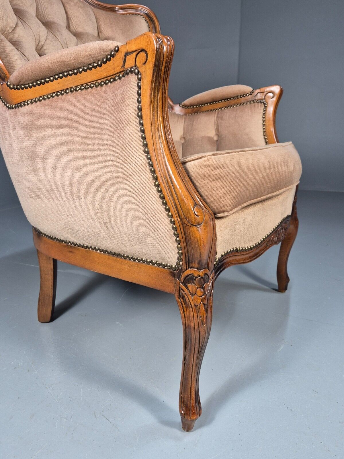 Vintage Danish Lounge Chair Beige Velour Beech Antique French Style EB8930 VCLO - UKDK FURNITURE