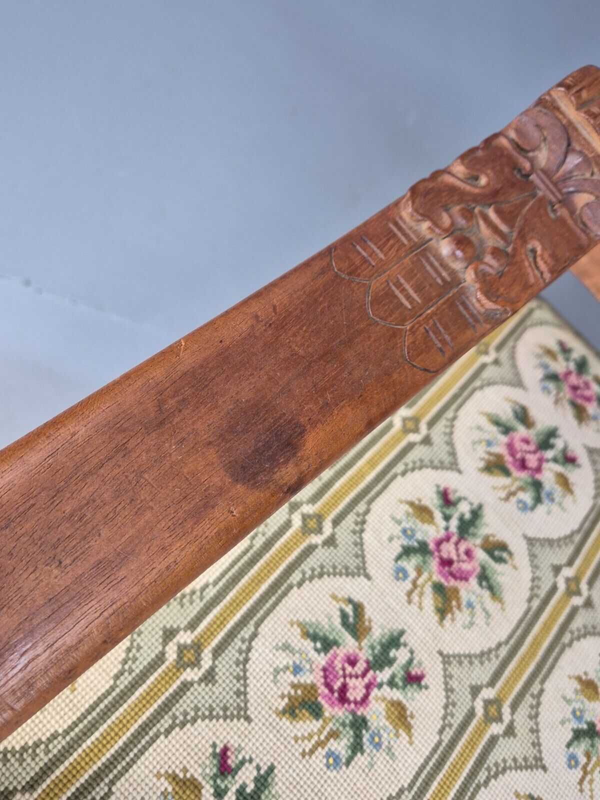 2 Vintage Danish Lounge Chairs Floral Embroidery Oak Frame Antique EB8916 VCAR - UKDK FURNITURE