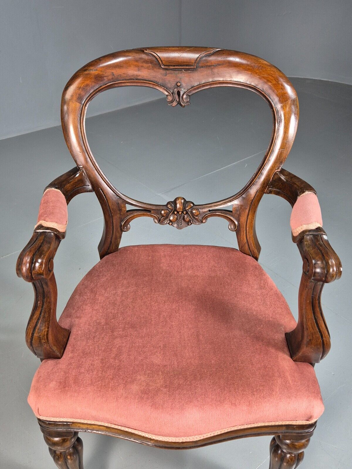 Vintage Elbow Chair Pink Velour Mahogany Frame Balloon Back Antique EB7861 VCAR - UKDK FURNITURE