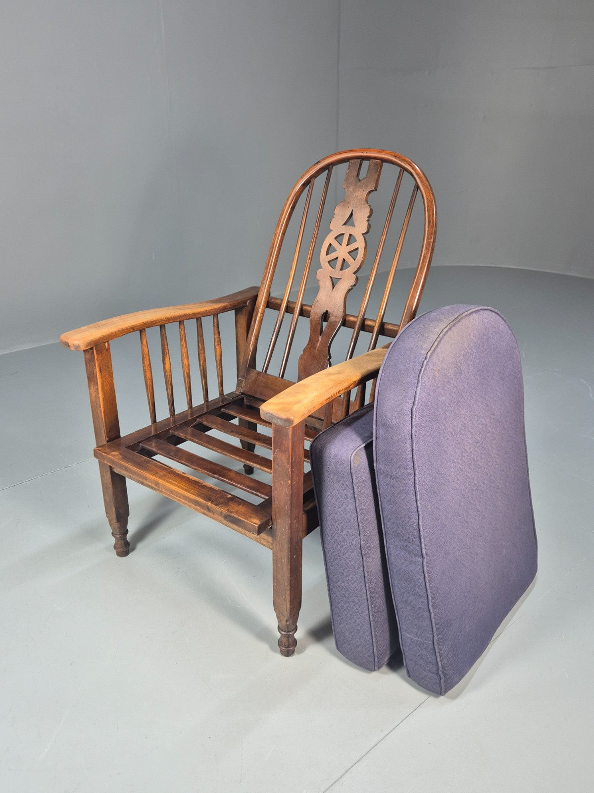 Antique Oak Wheel Back Folding Chair Purple upholstery 1900s EB10629 VCAR13