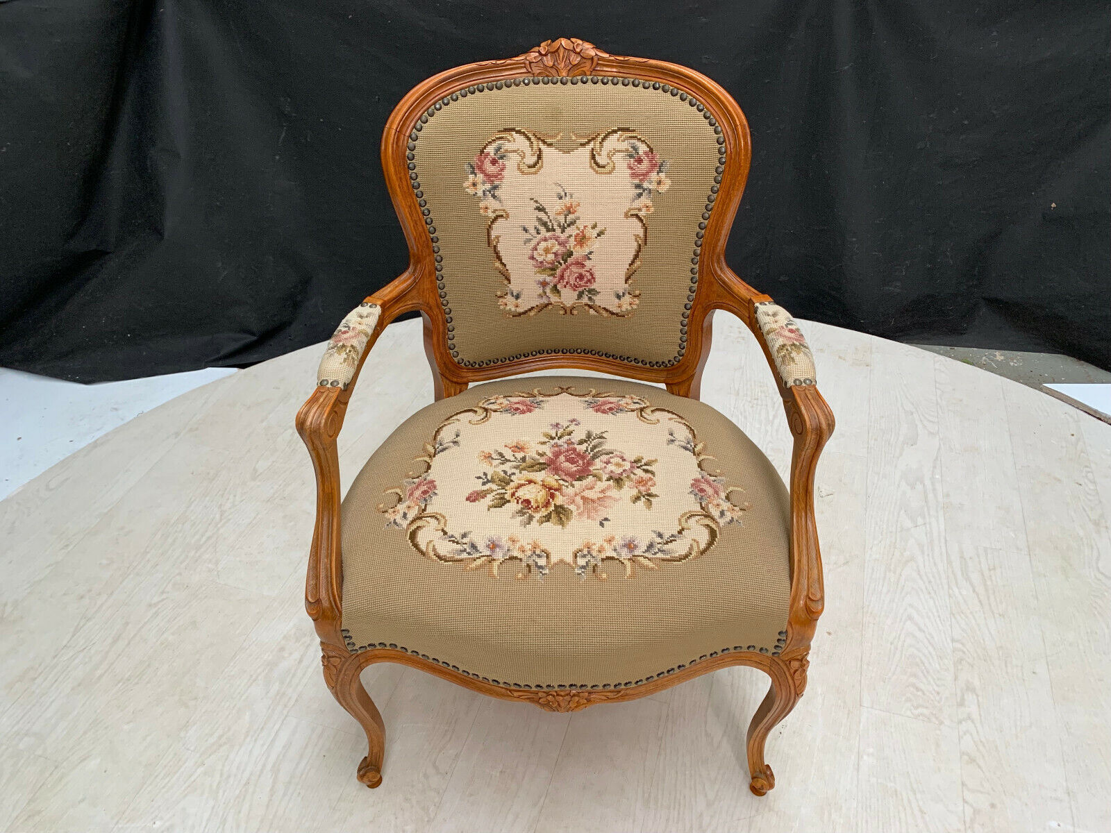 Danish Carved Beech & Beige Floral Wool Arm Chair Vintage Lounge EB2515 VCAR - UKDK FURNITURE