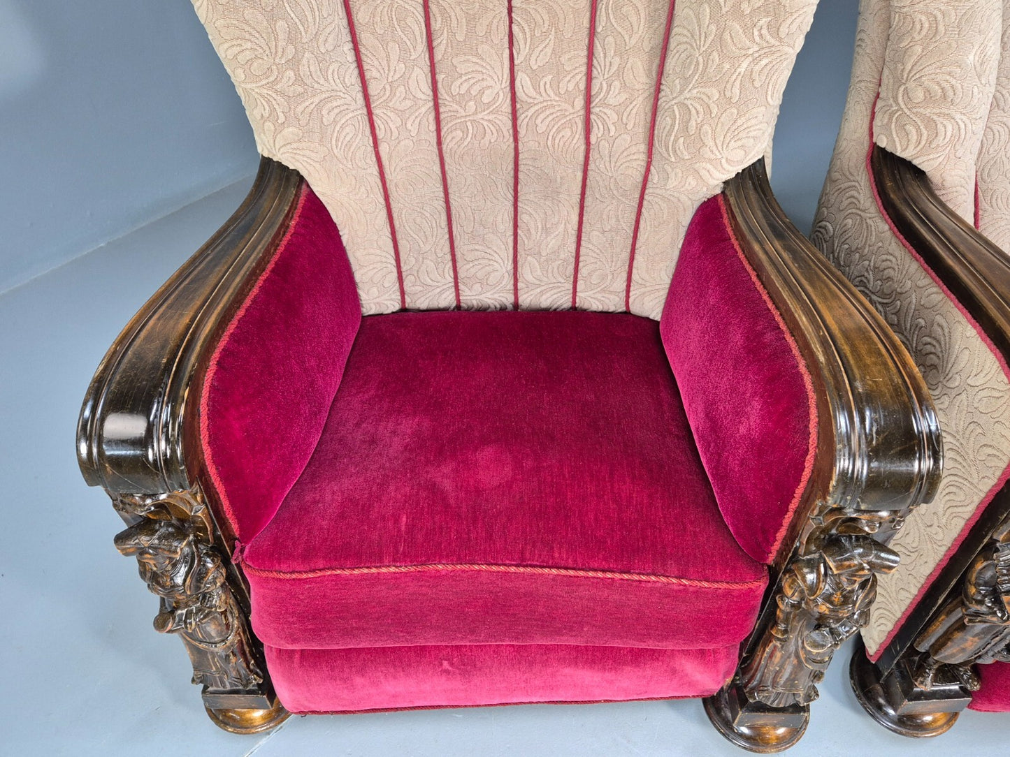 Art Deco Style Armchairs Pair Carved Oak Figures Creme Red Velour EB9586 VCAR - UKDK FURNITURE