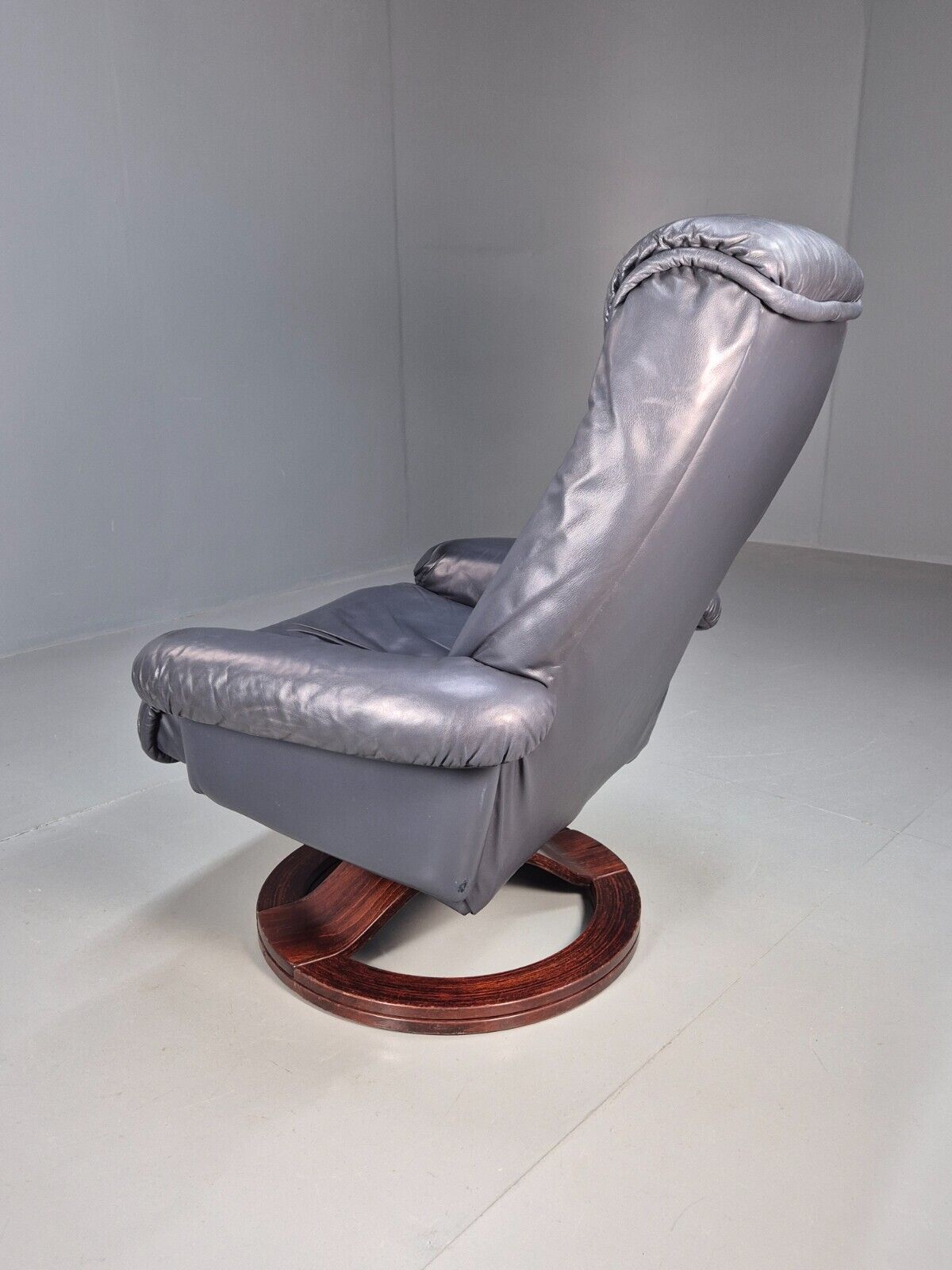 Vintage Danish Swivel Chair Blue Grey Leather Reclines 1980s Retro Eb8465 MSWI - UKDK FURNITURE