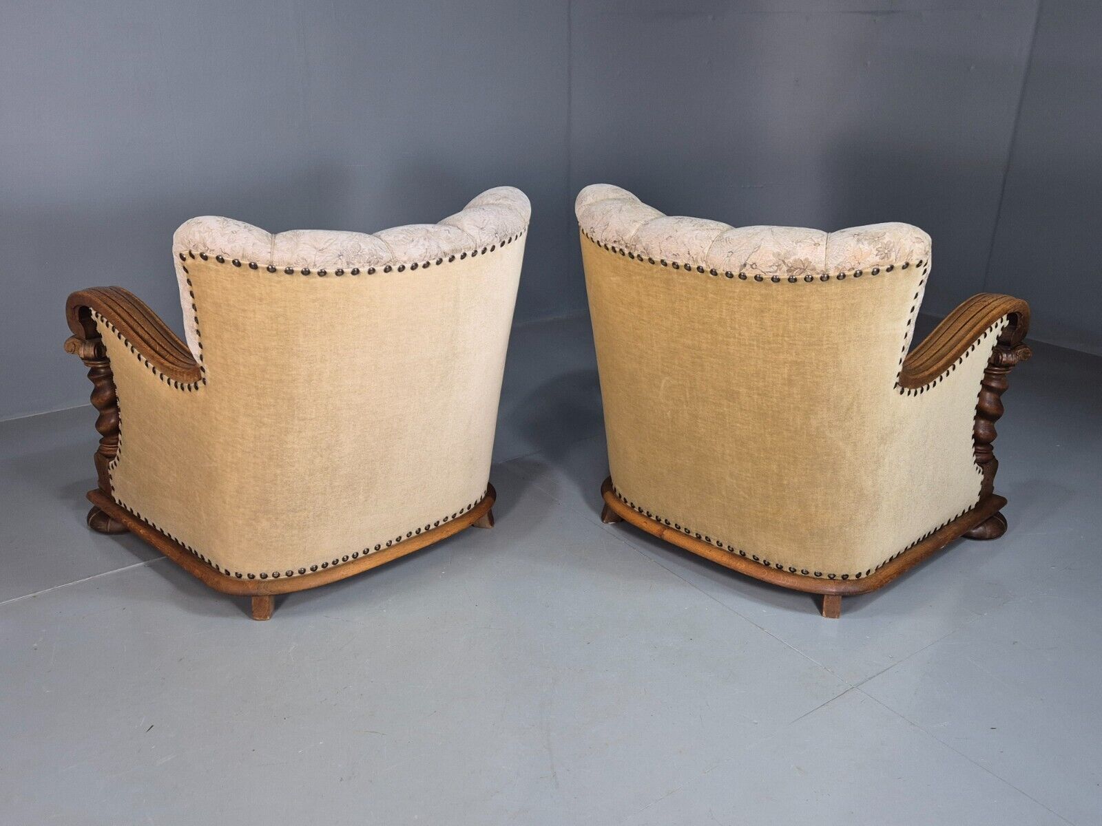 2 Vintage Danish Lounge Chair Floral Cotton Oak Detailing Antique Deco 1920 VCLO - UKDK FURNITURE