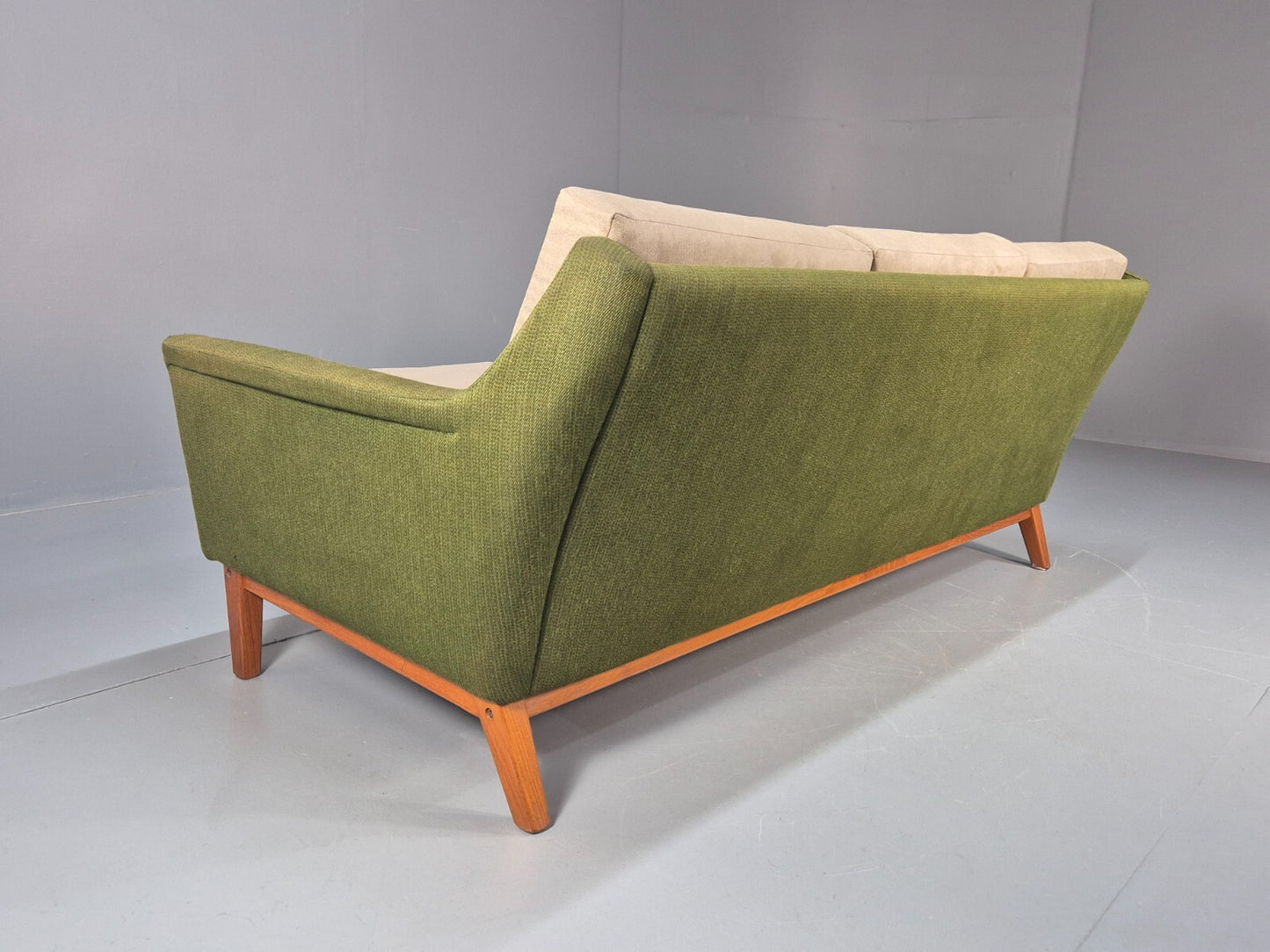Mid Century 3 Seater Sofa Green Cream Fabric Teak Vintage Scandi EB9794 M3SS - UKDK FURNITURE