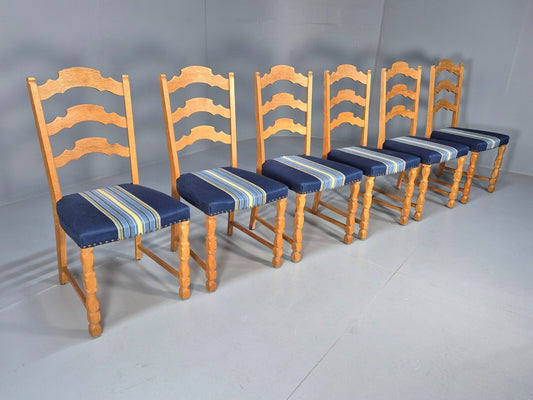Six Oak Dining Chairs Blue Fabric Henning Kjaernulf Style Vintage EB9361 MDIN - UKDK FURNITURE