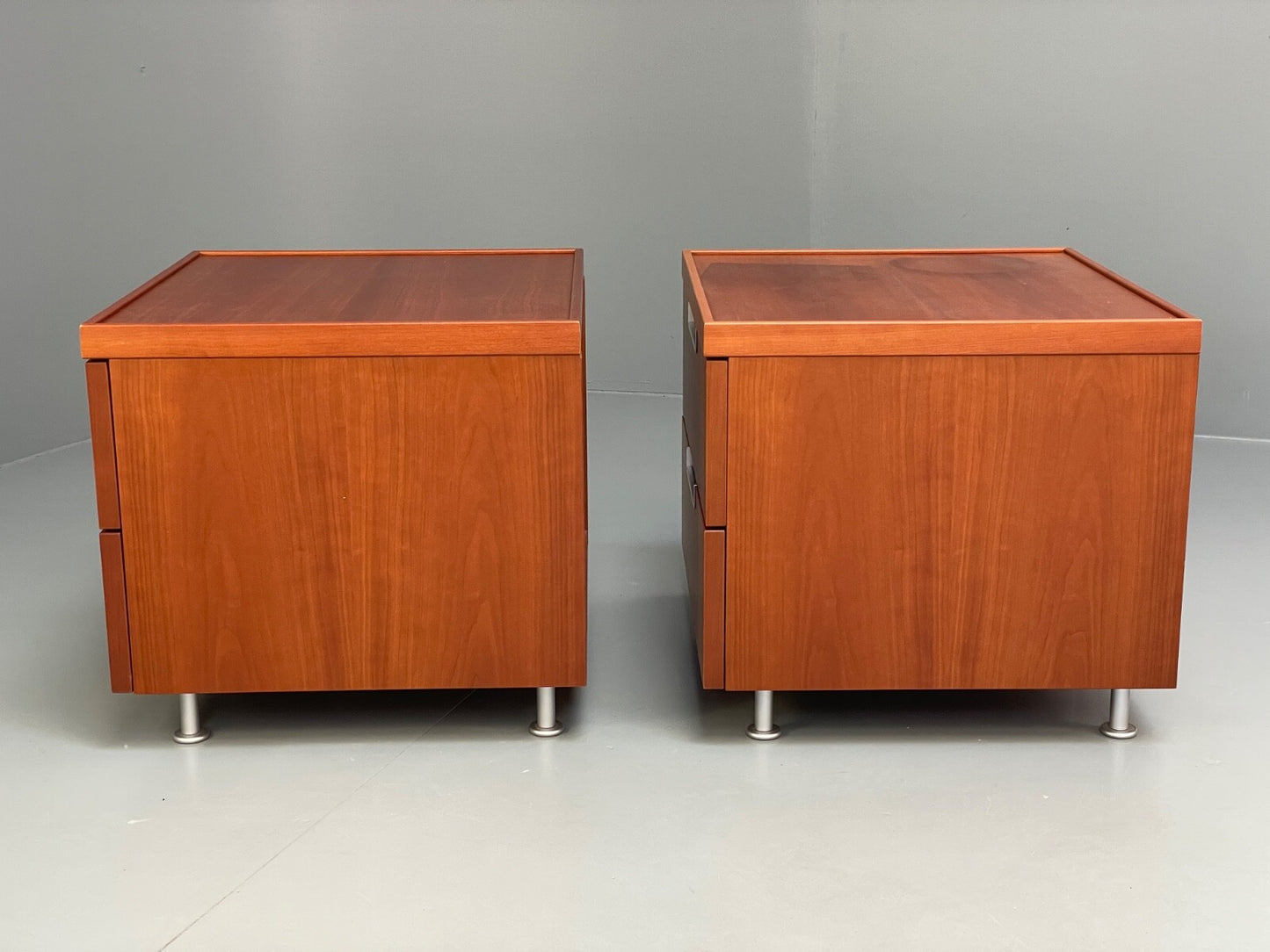 Vintage Pair Bedside Tables Cherry Wood Aluminium 1980s Drawers EB9819 MWOO - UKDK FURNITURE
