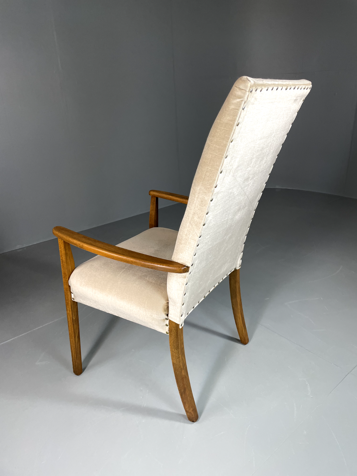 EB6009 Vintage Danish Highback Armchair Cream Velour Studded Seating VCLO - UKDK FURNITURE