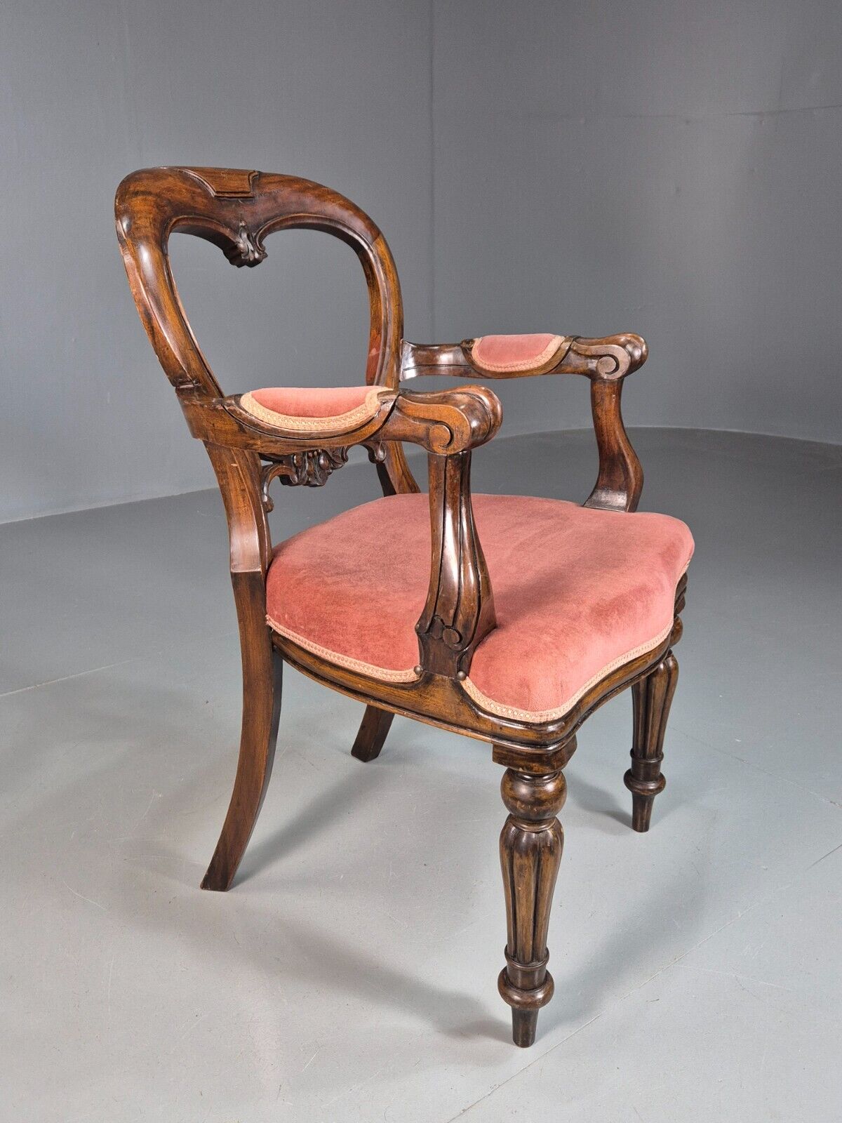 Vintage Elbow Chair Pink Velour Mahogany Frame Balloon Back Antique EB7861 VCAR - UKDK FURNITURE
