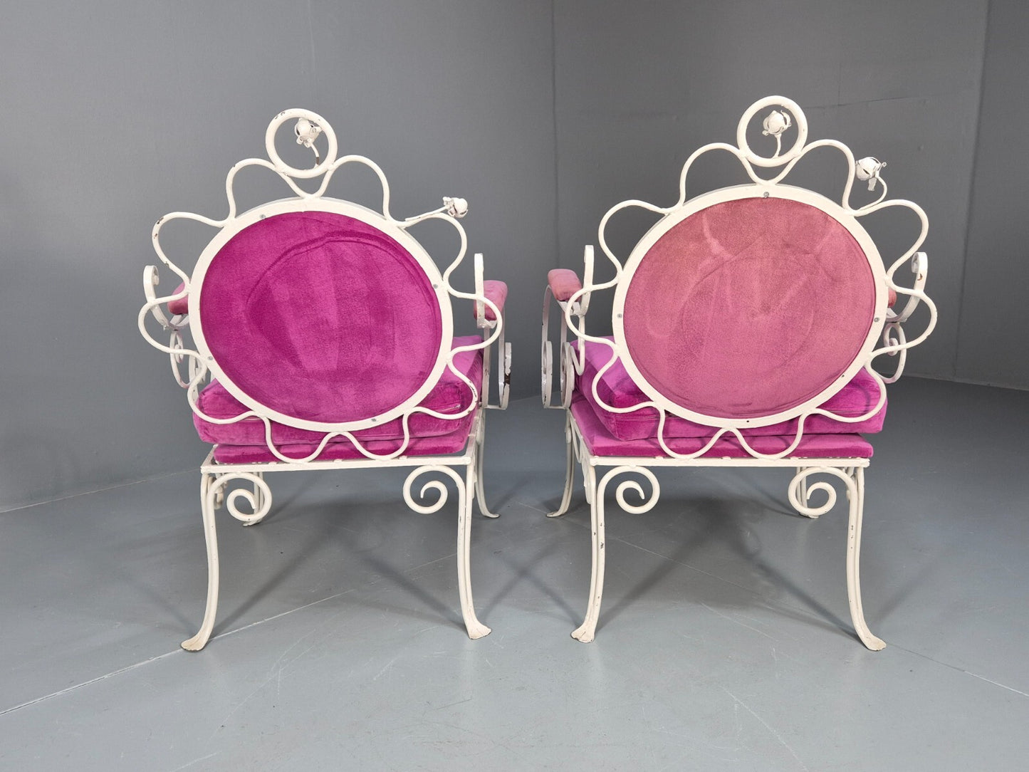 2 Vintage Pink Velvet and Wrought Iron 1950s Chairs French Orangery EB9677 VCLO - UKDK FURNITURE