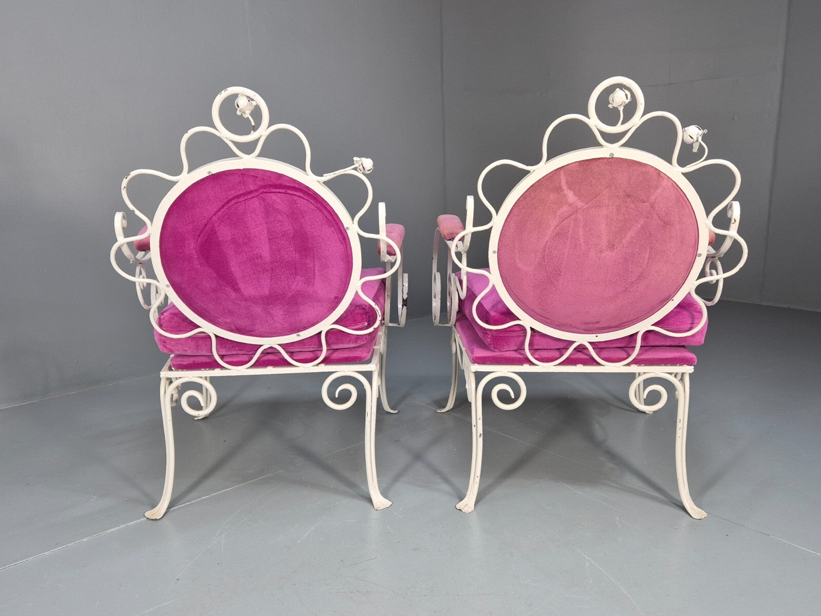 2 Vintage Pink Velvet and Wrought Iron 1950s Chairs French Orangery EB9677 VCLO - UKDK FURNITURE