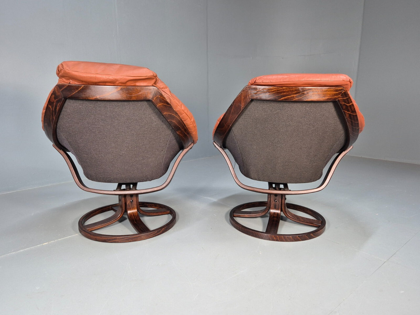 2 Vintage Danish Tan Leather Lounge Chairs Swivel Base MCM Retro EB9299 MSWI - UKDK FURNITURE