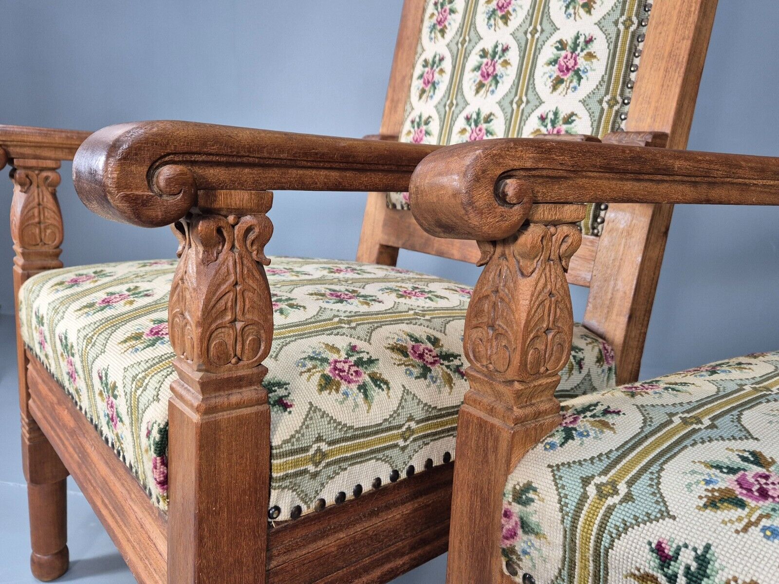 2 Vintage Danish Lounge Chairs Floral Embroidery Oak Frame Antique EB8916 VCAR - UKDK FURNITURE