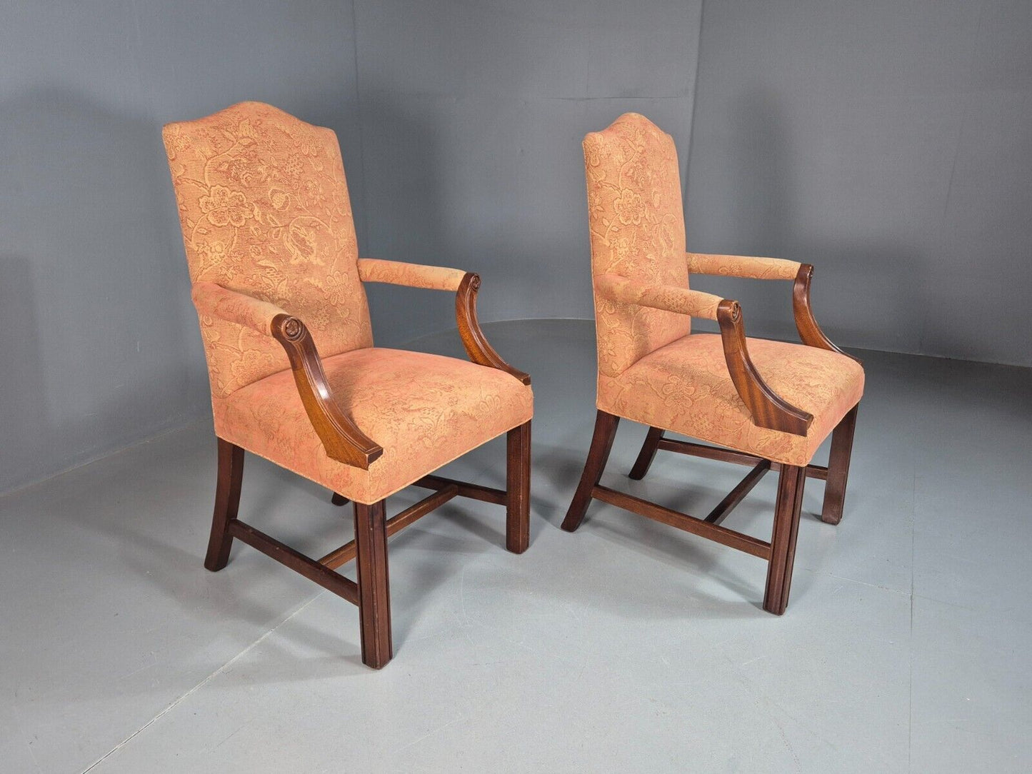 2 Vintage Lounge Chair Peach Floral Cotton Georgian Style 1980 Repro EB8215 VCLO - UKDK FURNITURE