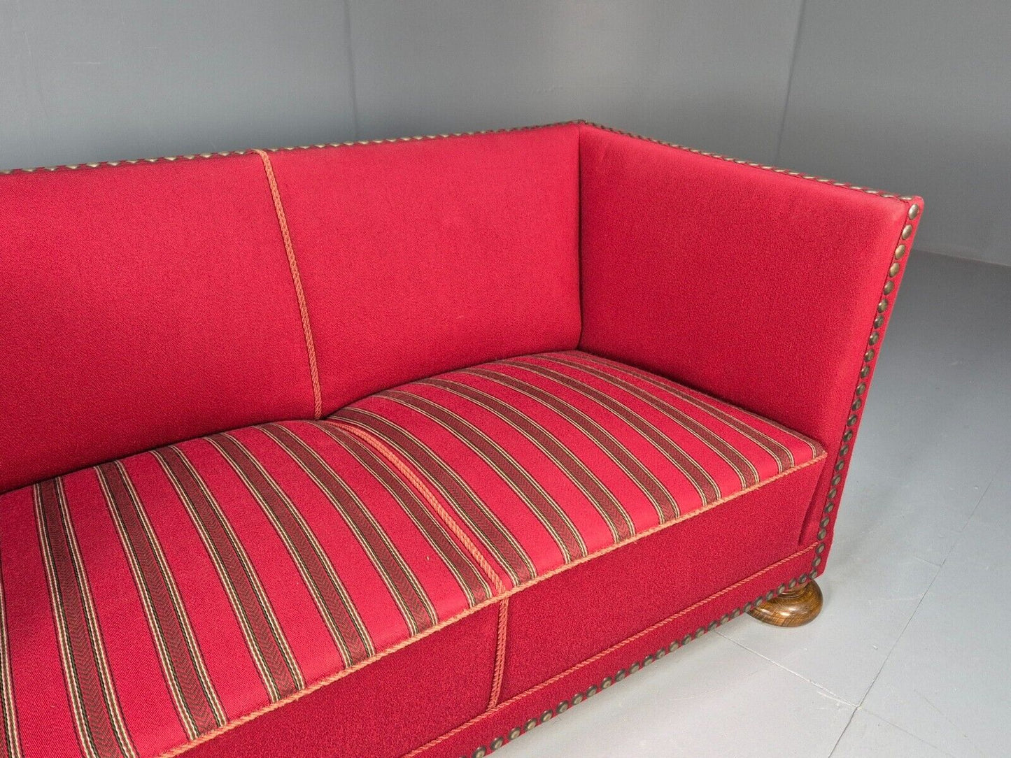 Vintage Danish 2 Seat Sofa Red Wool Oak Bun Feet Antique 1920s EB8940 M2SS - UKDK FURNITURE