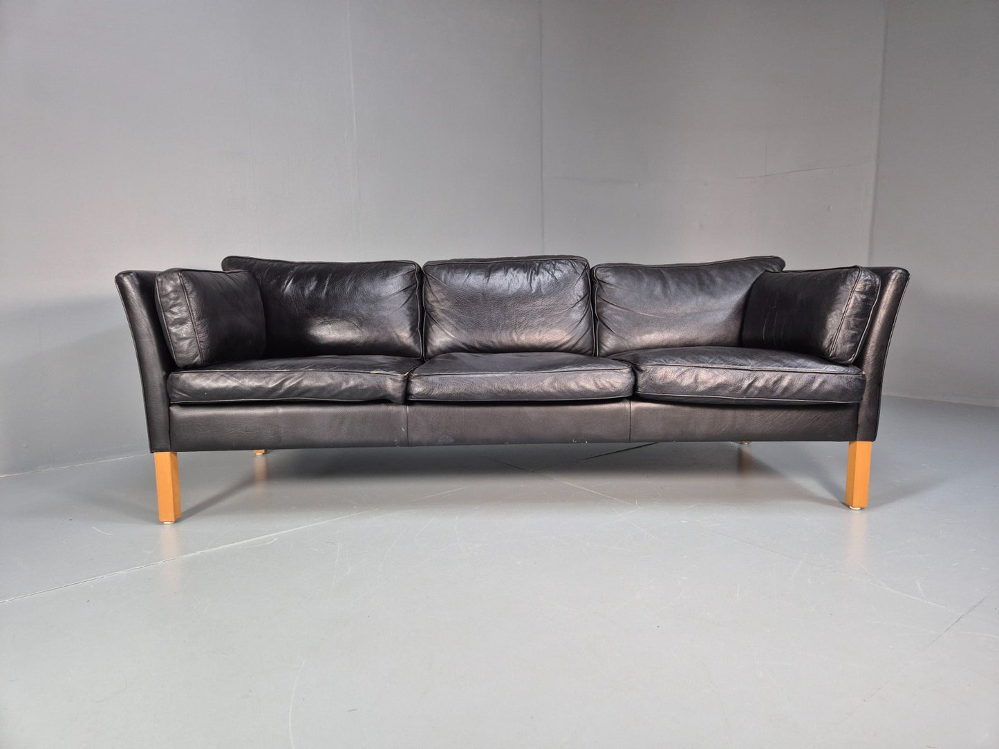Mid Century Three Seater Sofa Vintage Danish Black Leather Retro EB10114 M3SS5