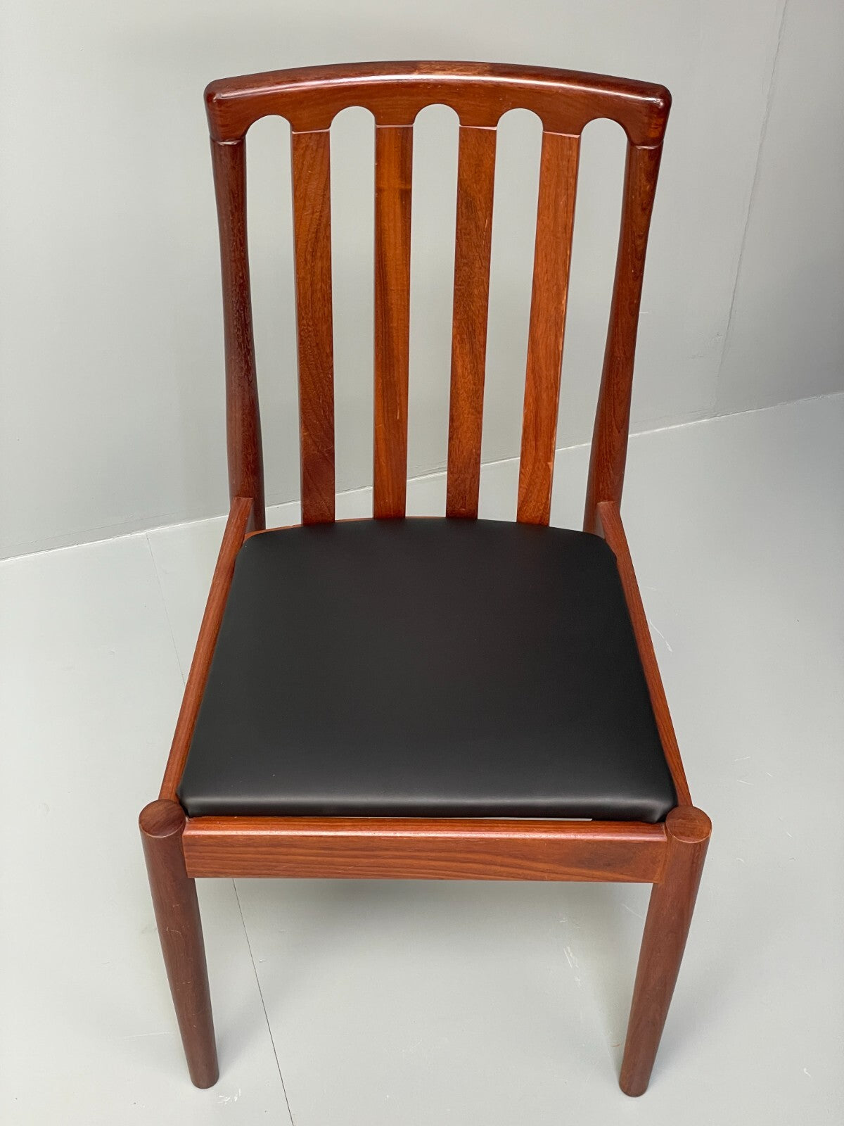 Vintage Meredew Dining Chairs Six Mahogany Teak 1970s Black Vinyl EB9726 MDIN - UKDK FURNITURE