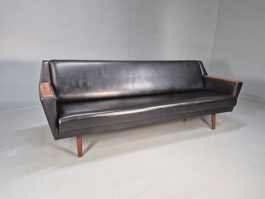 Vintage Danish Sofa Bed Black Vinyl Teak Paws Legs Reupholstery MCM EB7273 M4SS - UKDK FURNITURE