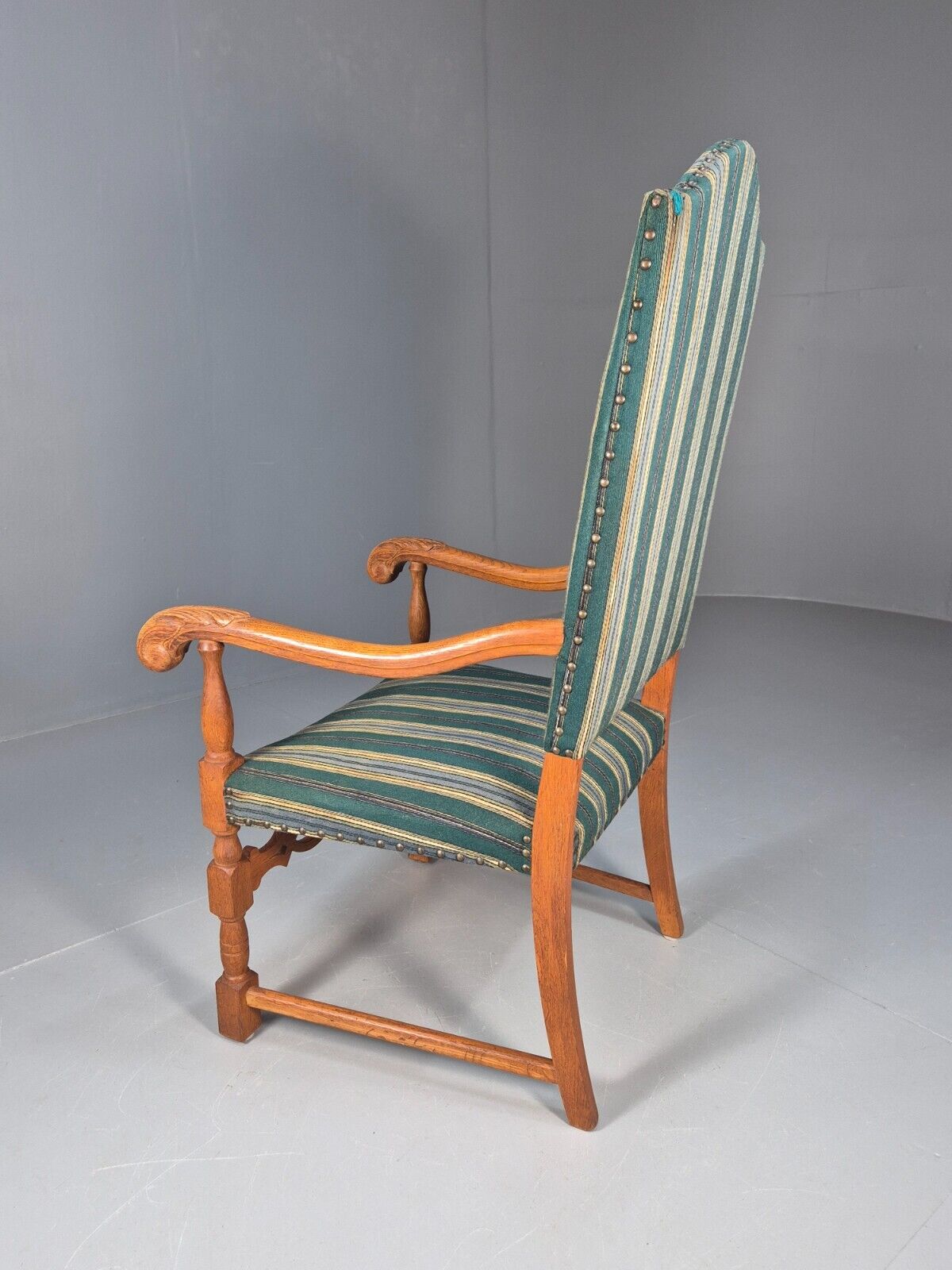A Vintage Danish Baroque Style Armchair Green Wool Stripe Oak Frame EB9002 VCLO - UKDK FURNITURE