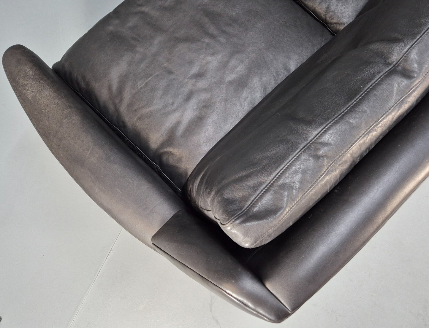 Vintage Danish 3 Seat Sofa 1960s Black Leather Turned Teak Legs MCM EB9075 M3SS - UKDK FURNITURE