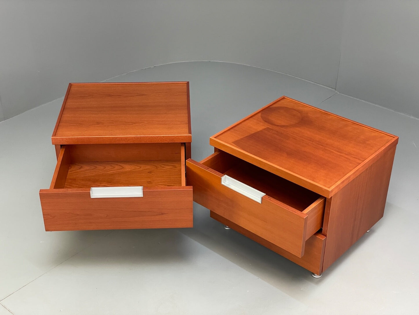 Vintage Pair Bedside Tables Cherry Wood Aluminium 1980s Drawers EB9819 MWOO - UKDK FURNITURE
