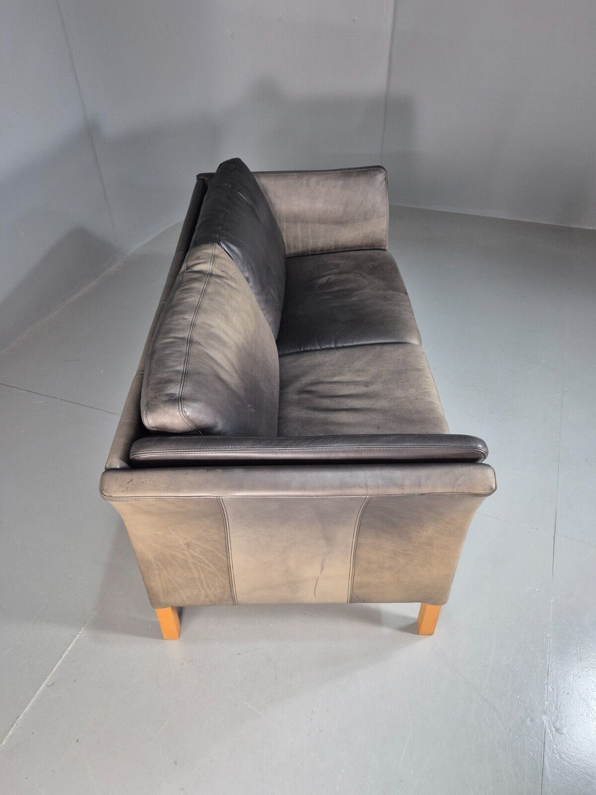 Vintage Danish Two Seat Sofa Faded Black Leather 1980s Retro MCM EB8168 M2SS - UKDK FURNITURE
