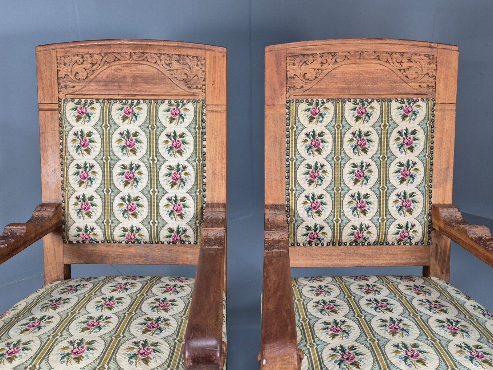 2 Vintage Danish Lounge Chairs Floral Embroidery Oak Frame Antique EB8916 VCAR - UKDK FURNITURE