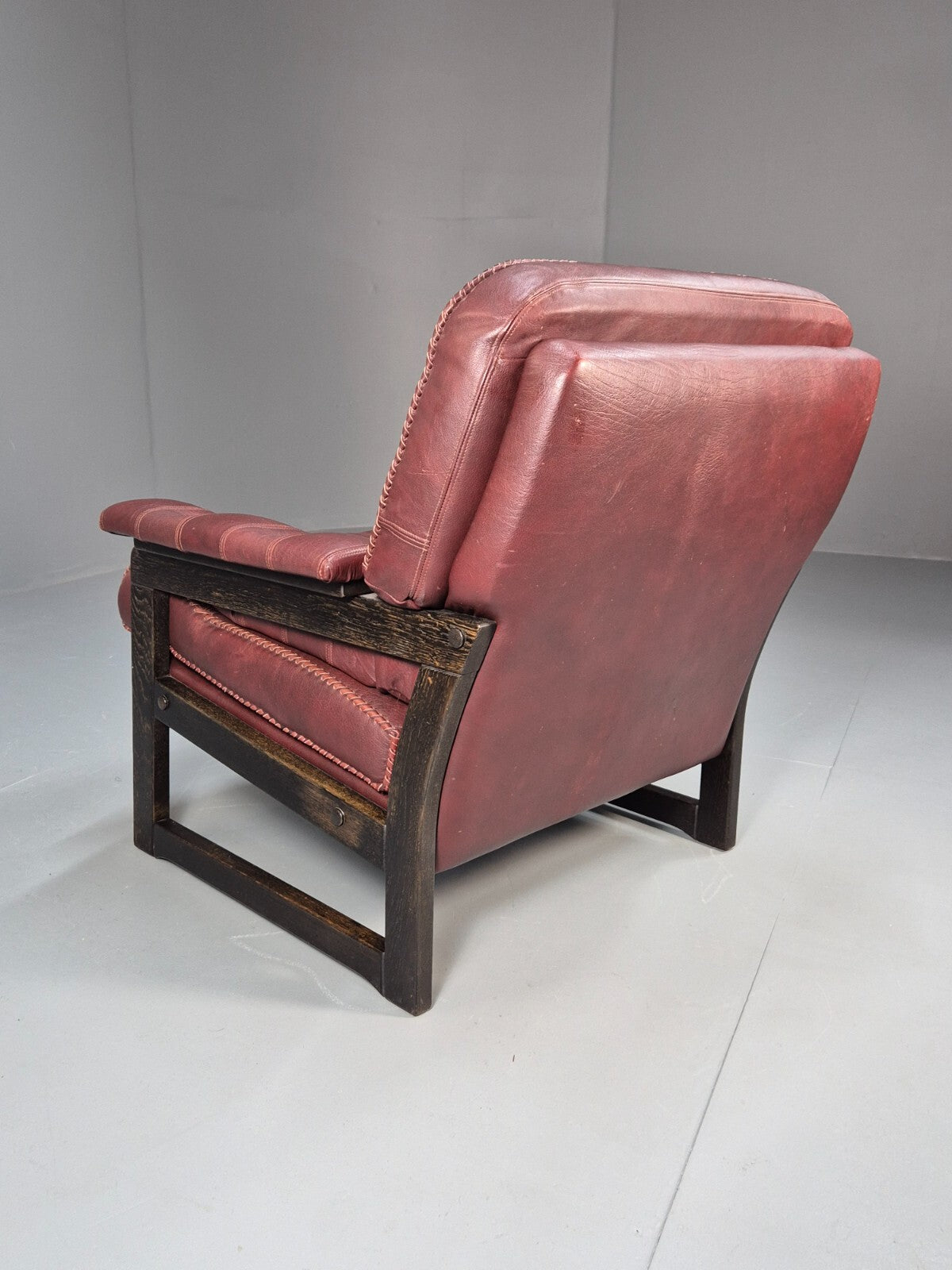 Vintage Danish Burgundy Leather Lounge Chair Stitch Detail 1980s MCM EB9259 MNOR - UKDK FURNITURE