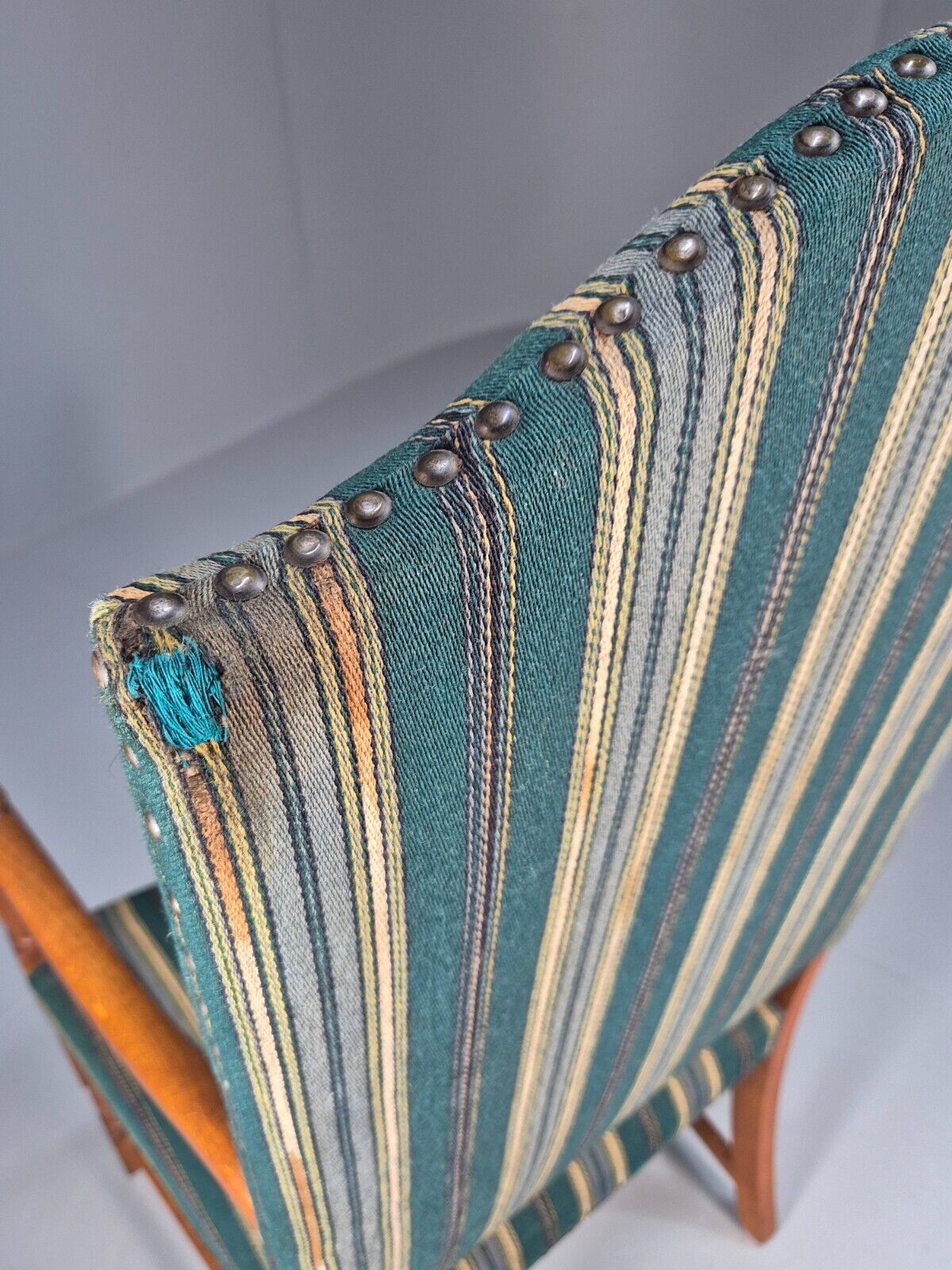 A Vintage Danish Baroque Style Armchair Green Wool Stripe Oak Frame EB9002 VCLO - UKDK FURNITURE