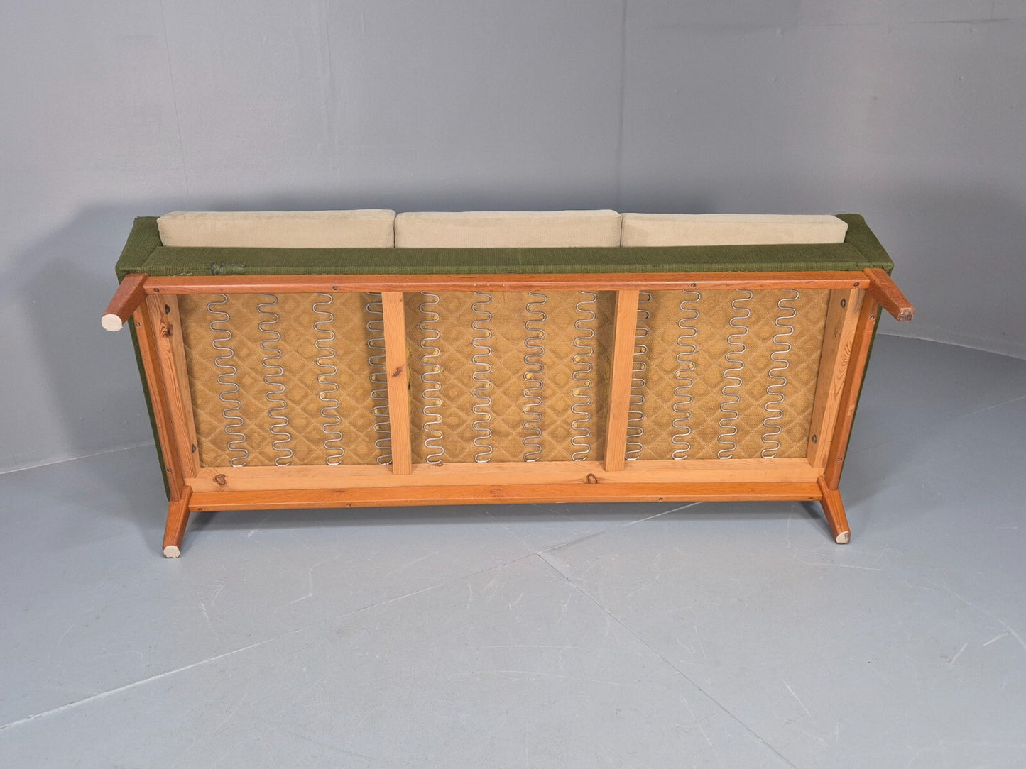 Mid Century 3 Seater Sofa Green Cream Fabric Teak Vintage Scandi EB9794 M3SS - UKDK FURNITURE