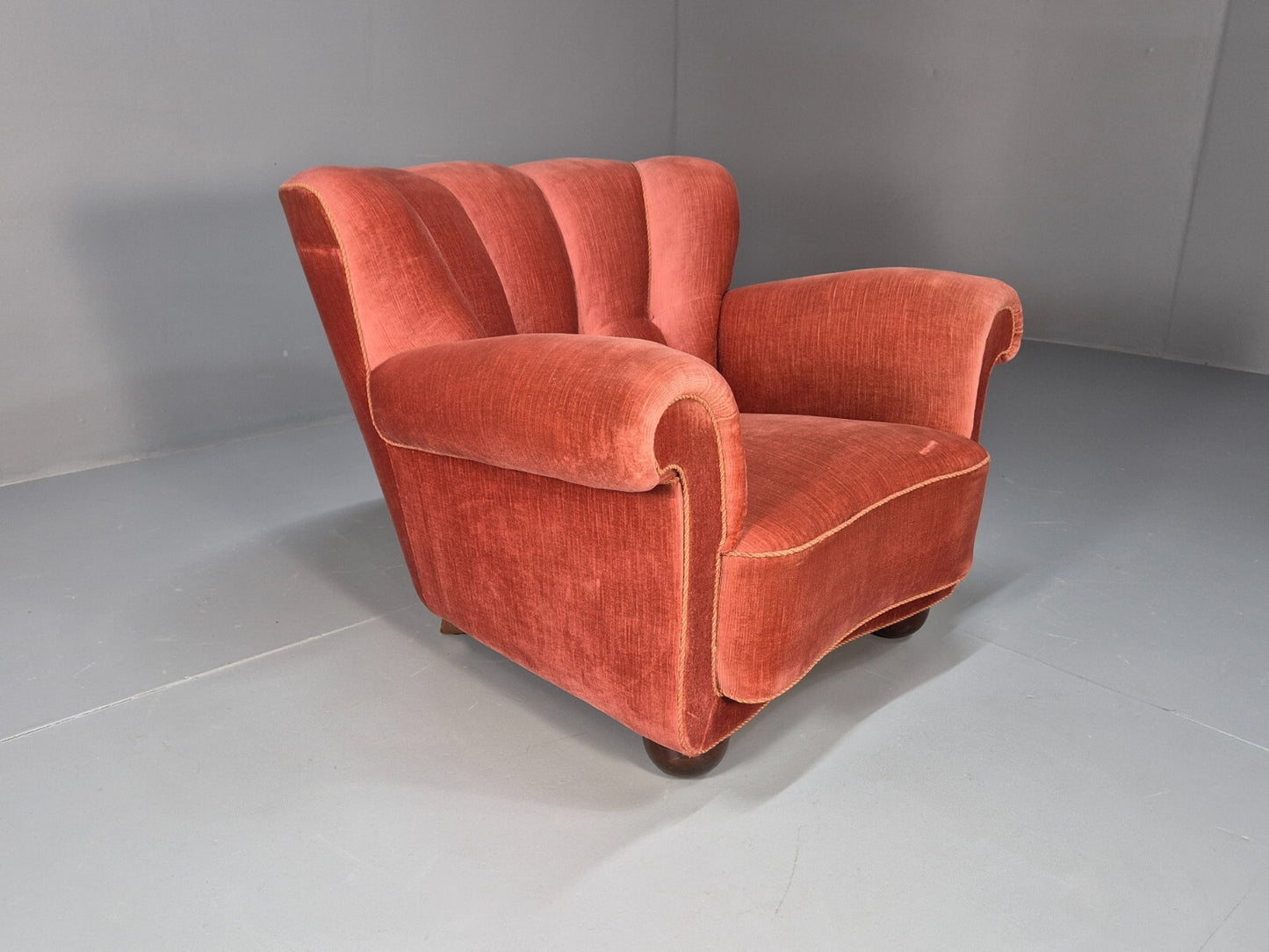 Vintage Danish Art Deco shell back Lounge Chair Pink Velour Bun Feet EB9556 MNOR - UKDK FURNITURE