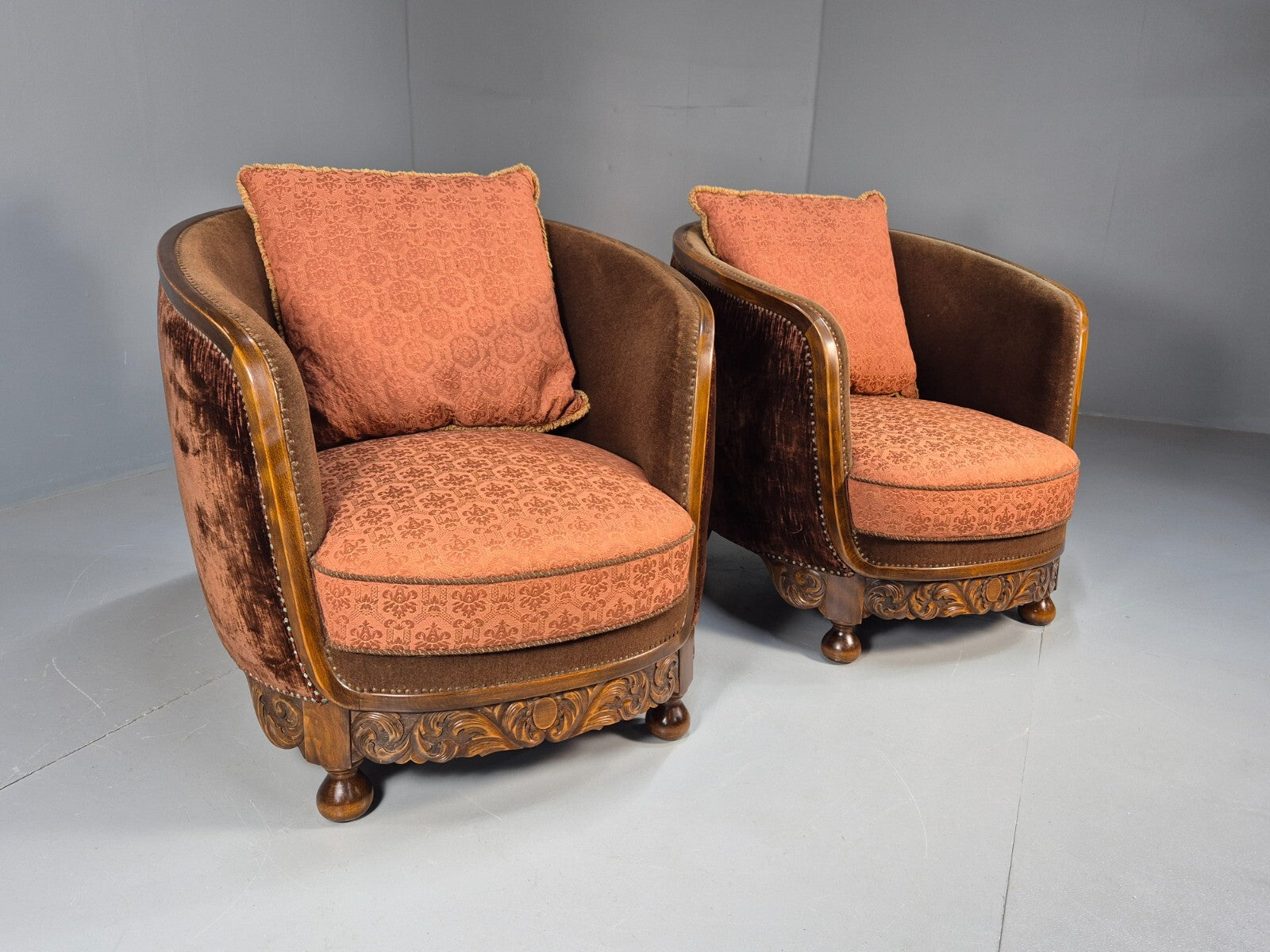 2 Vintage Art Deco Danish Tub Lounge Chairs Damask and Velvet 1940s EB9004 VCLO - UKDK FURNITURE
