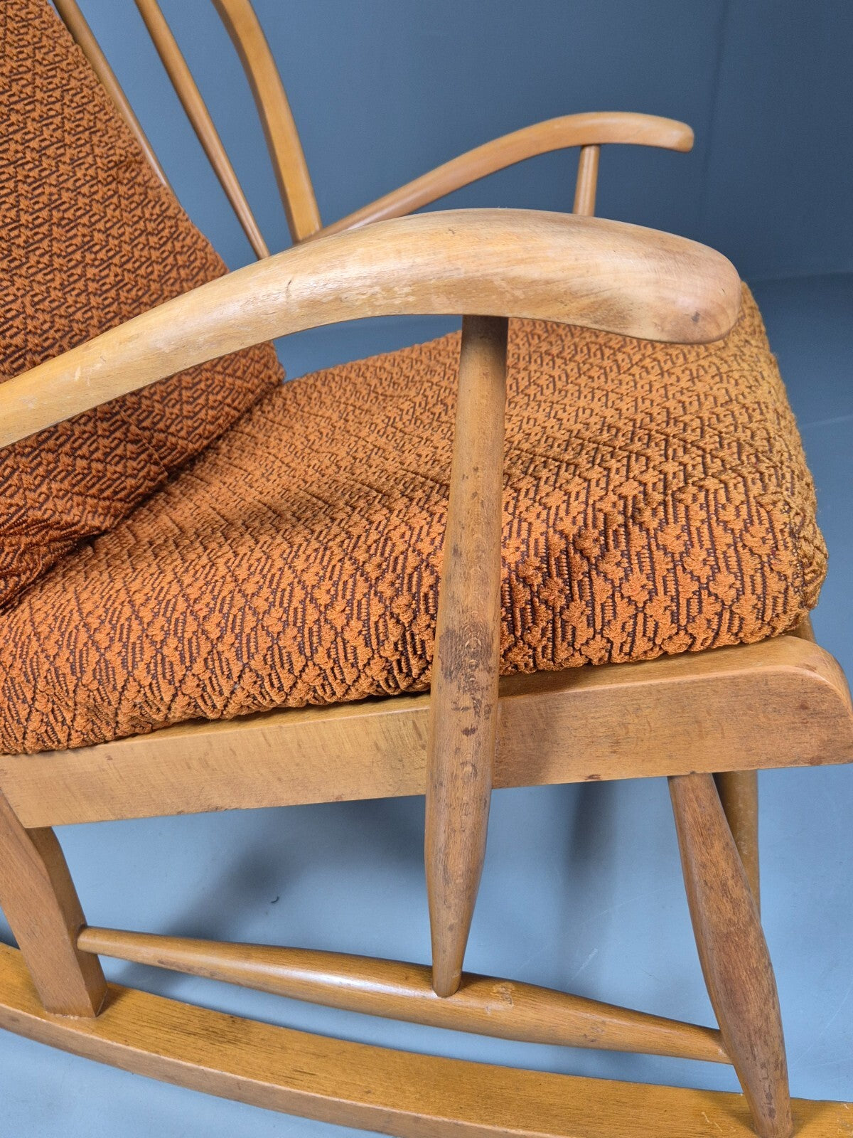 Vintage 1950s Rocking Chair Orange Pattern Fabric Beech Frame Retro EB9481 MNOR - UKDK FURNITURE