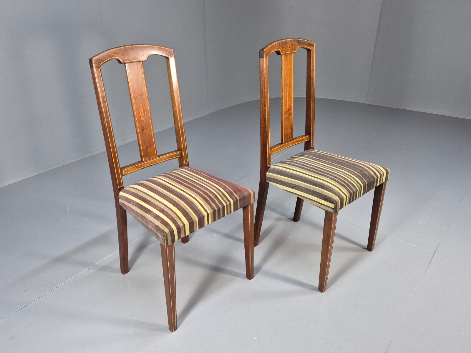 2 Vintage Dining Chairs Stripe Upholstery Boxwood Inlay 1920s EB8852 VDIN - UKDK FURNITURE