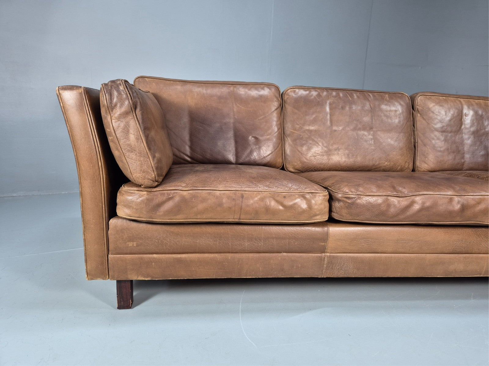Mid Century 3 Seater Leather Sofa Danish Tan Leather  1970s Retro EB10102 M3SS1