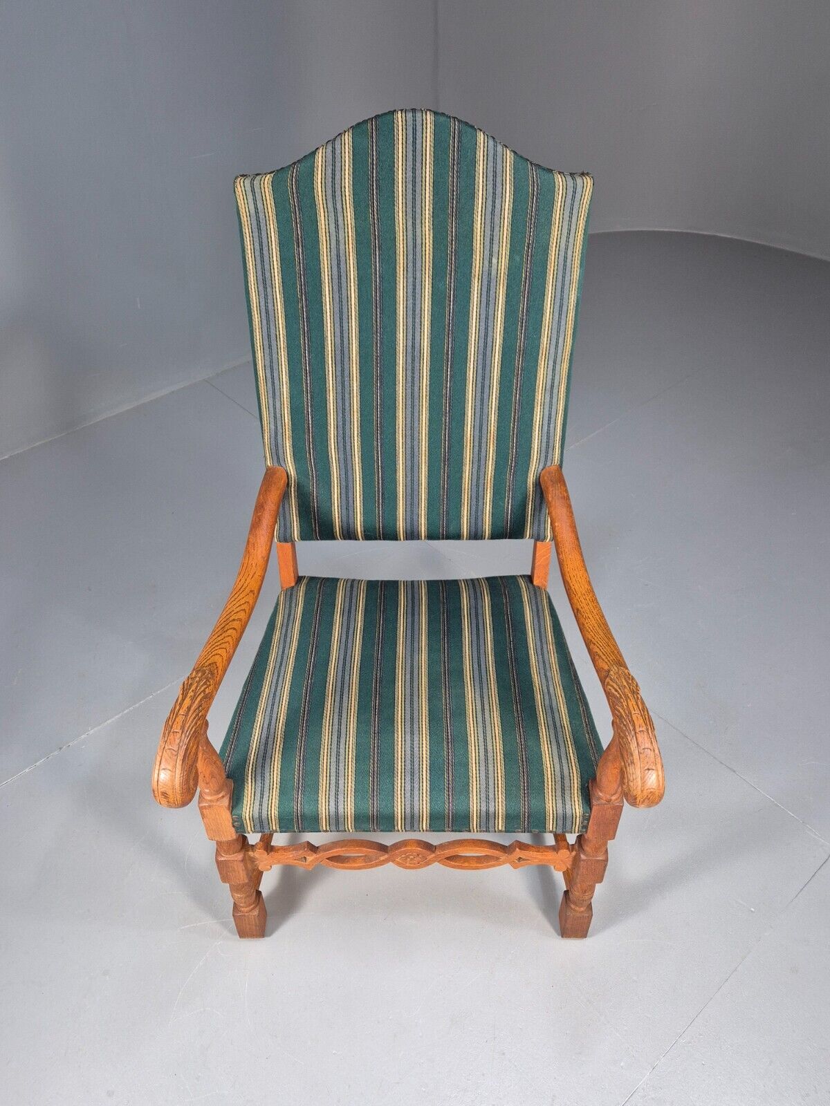 A Vintage Danish Baroque Style Armchair Green Wool Stripe Oak Frame EB9002 VCLO - UKDK FURNITURE