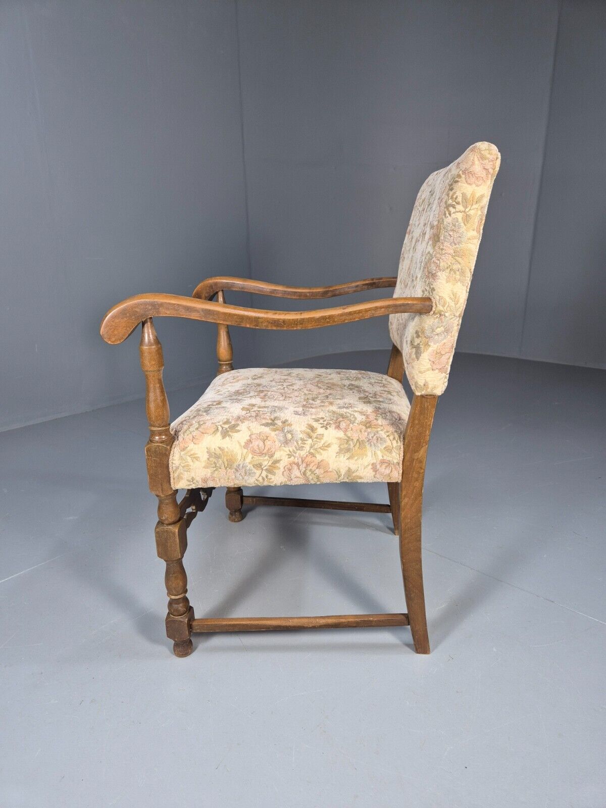 Vintage Danish Armchair Floral Cotton Oak Frame 17th Century Style EB8914 VCAR - UKDK FURNITURE