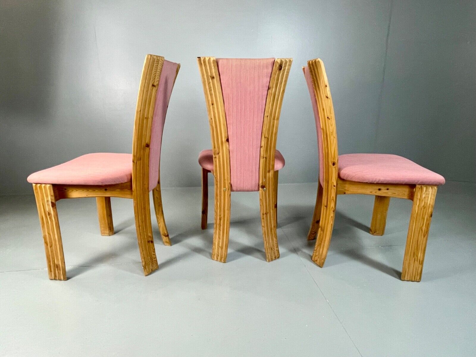 3 Danish 1980s Pine & Pink Fabric Dining Chairs Retro Post Modern EB4798 MDIN - UKDK FURNITURE