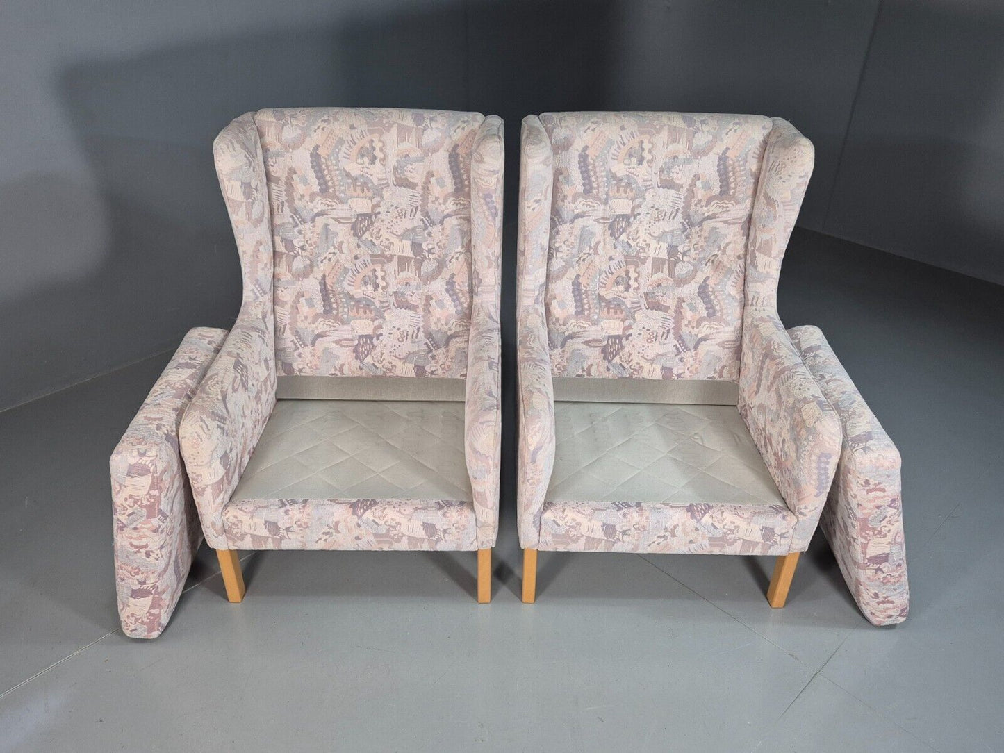 2 Vintage Danish Wing Back Lounge Chairs Cotton 1980s Fabric Retro EB8289 MNOR - UKDK FURNITURE