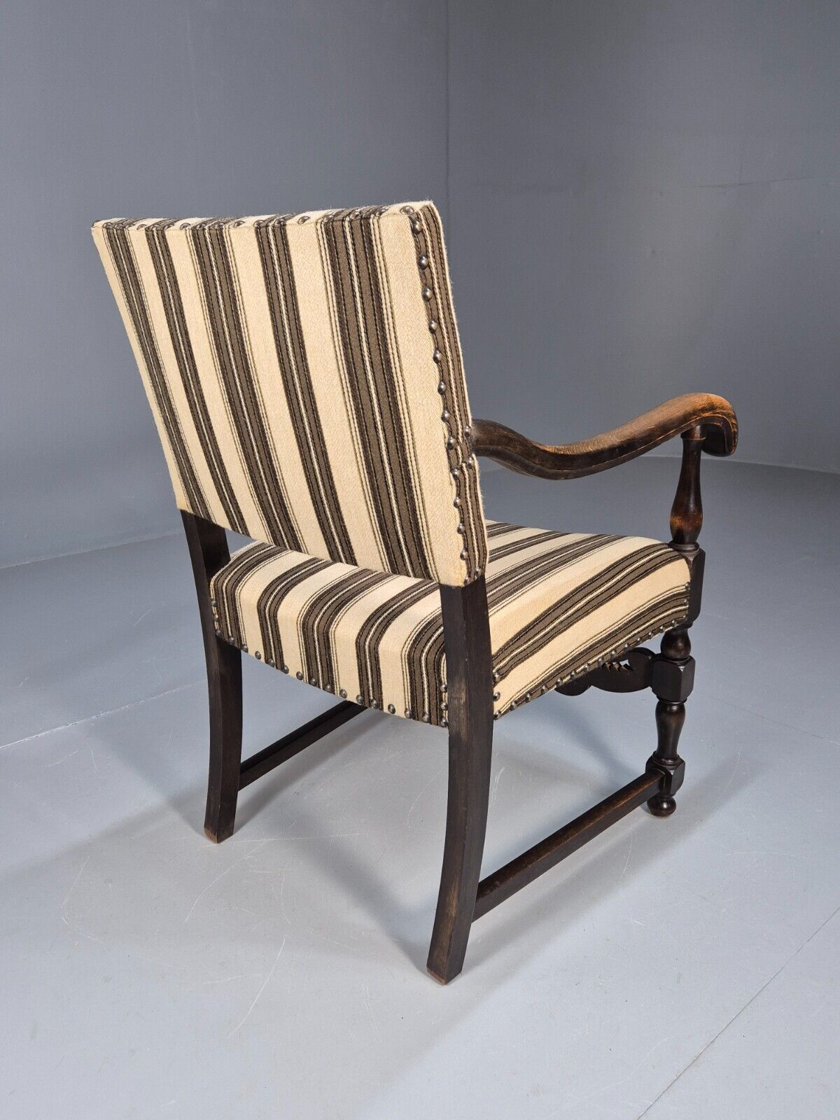 Vintage Danish Baroque Style Elbow Chair Striped Wool Upholstery EB9383 VCAR - UKDK FURNITURE