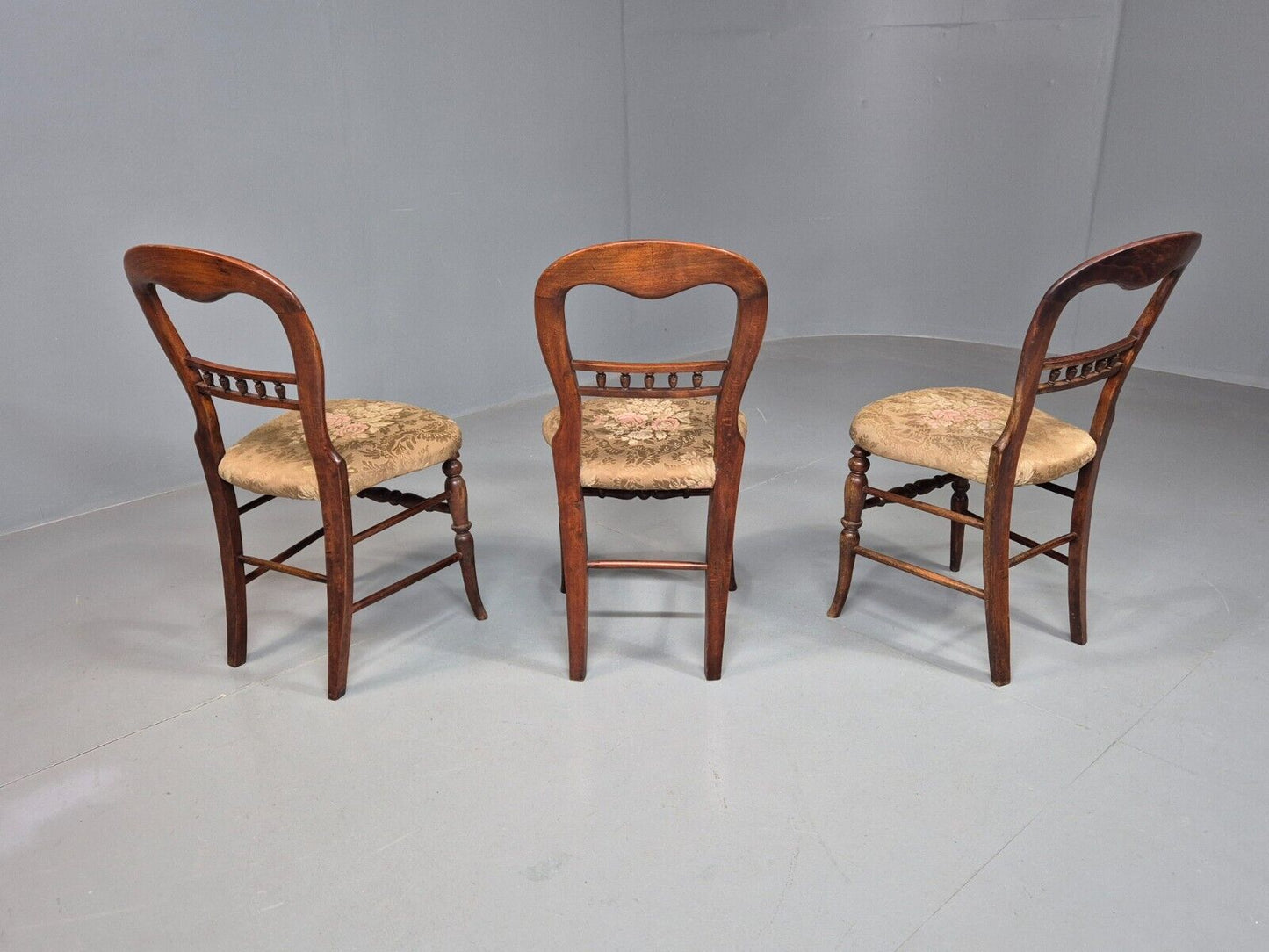 3 Vintage Dining Chairs Floral Seats Walnut Frame Balloon Victorian EB8182 VDIN - UKDK FURNITURE